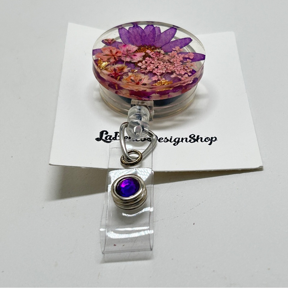 LaBelles Design Shop, Retractable Dried Flower Lanyard, Pink, Purple, Acrylic